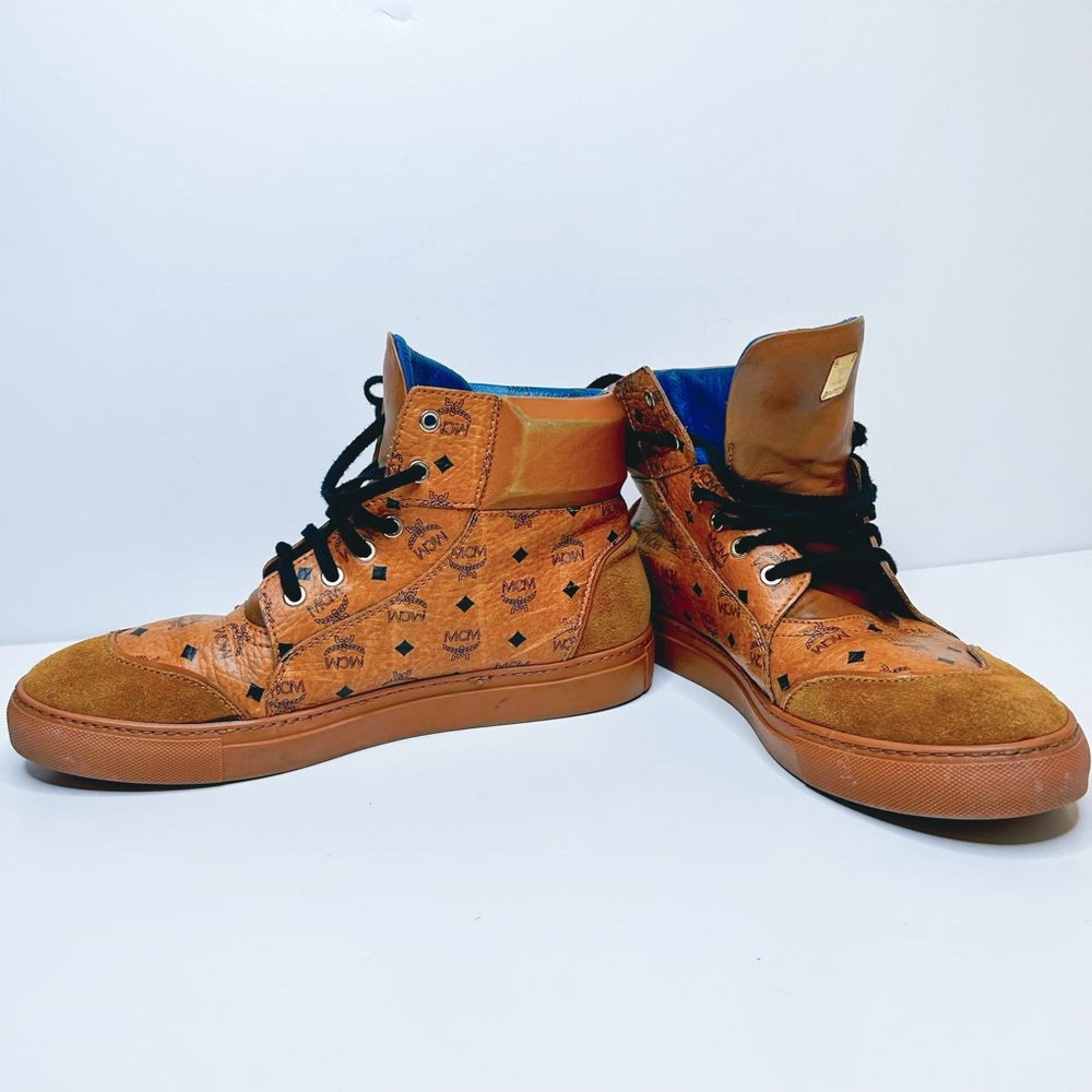 AUTHENTIC MCM Visetos Cognac Brown High-Top Sneakers - Suede Toe - Men's SZ 11